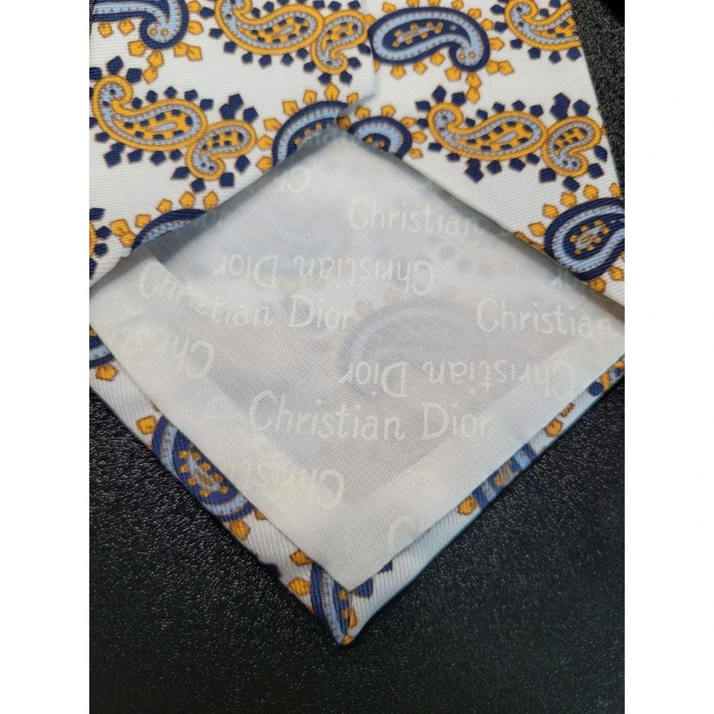 Christian Dior Men's Necktie White Blue Yellow Paisley Silk 3.75
